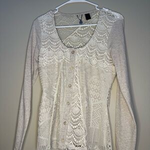 Lace Button-Up Long Sleeve Top
